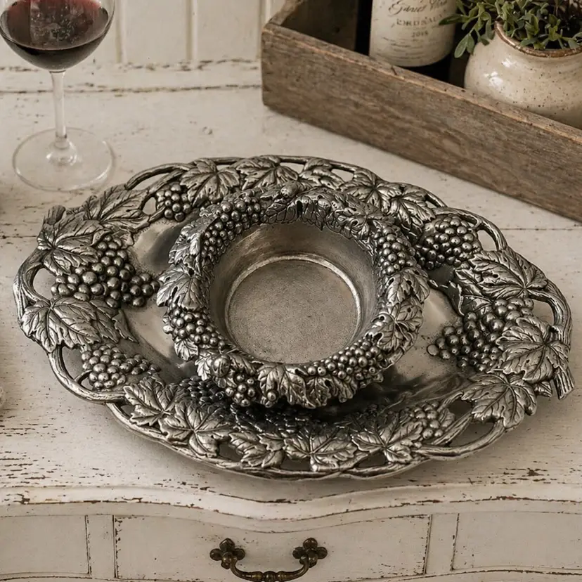 TWO Metal Arthur Court Vintage Grape Vine Wine Coaster Bowl Oval Tray - 1988/90