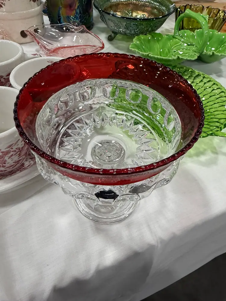 Vintage Tiffin Glass Kings Crown Cranberry Flared Rim Thumbprint Compote (1)