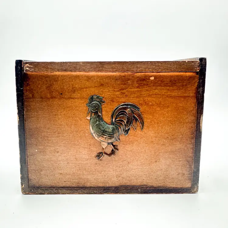 Vintage Wood Recipe Box Metal Rooster Accent 5.5" x 4.5" B25