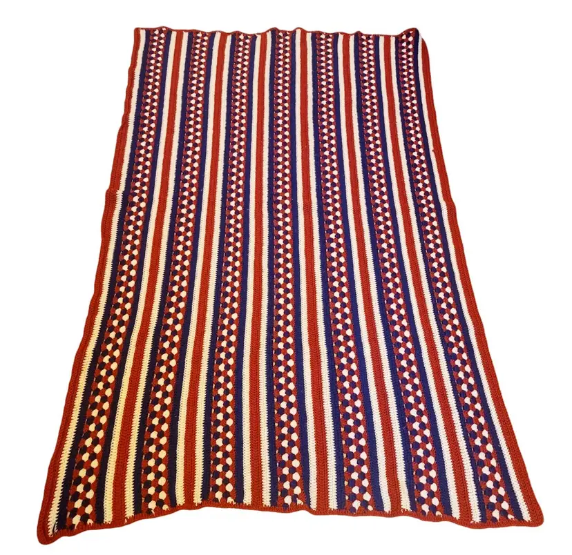 Vintage Knit Crocheted Blanket Throw Afghan 43" x 69" Red White Blue Stripes 70's