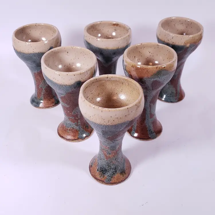 SIGNED Studio Pottery Blue Brown Textured Stoneware GOBLET CHALICE SET