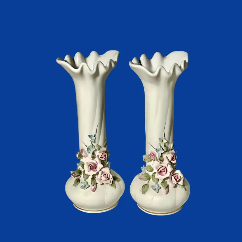 Vintage Lefton Bud Vase Pair Applied Pink Blue Roses Flowers #829 Japan Bisque Porcelain Bisque
