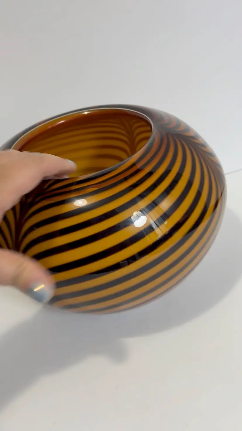Contemporary art glass vase with tiger stripe pattern - orange & black