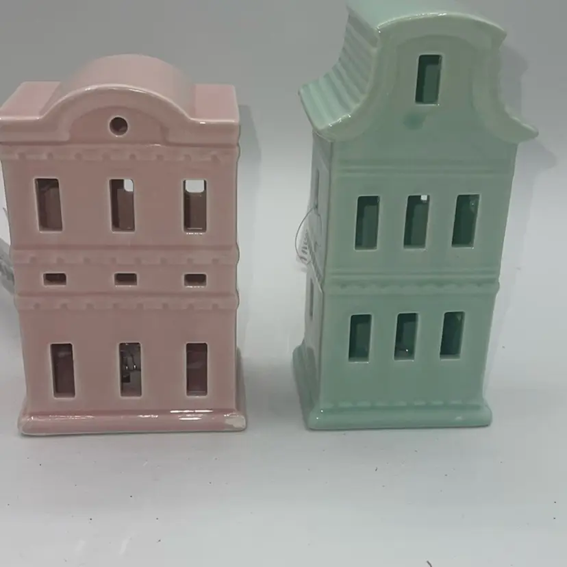 Led Light Up Ceramic Pastel Village Houses Set Of 2