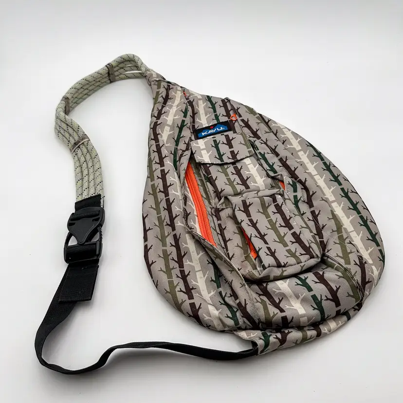 KAVU Sling Bag Rope Crossbody Tree Print Grey Green Orange Accent 18" x 11" B25