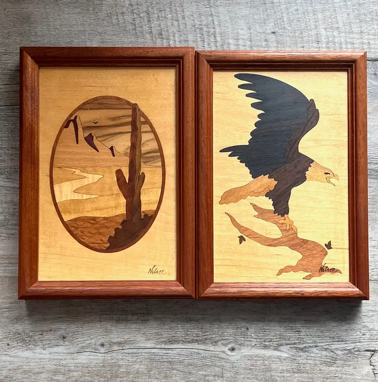 Jeff Nelson Hudson River Inlay Marquetry Wood Desert Scene Picture 7x10 inch