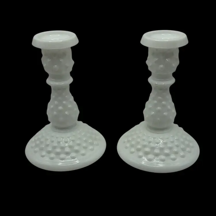 Vintage Set Of 2 Fenton Hobnail White Milk Candlesticks, 6-1/4” Tall