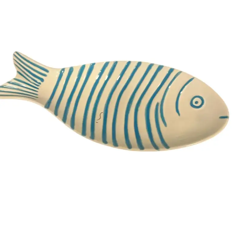 Small Fish Plate In Teal And White. Measures 12”x5.25”x1”