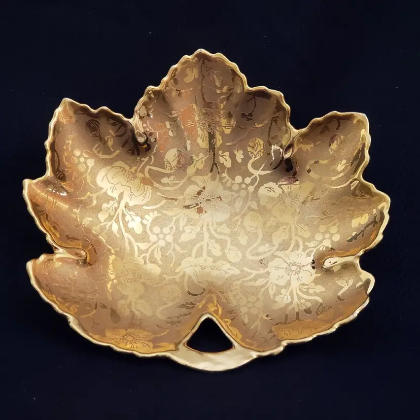 Epiag Czech Porcelain Weeping Gold Leaf Trinket Dish Signed 6" wide Vintage