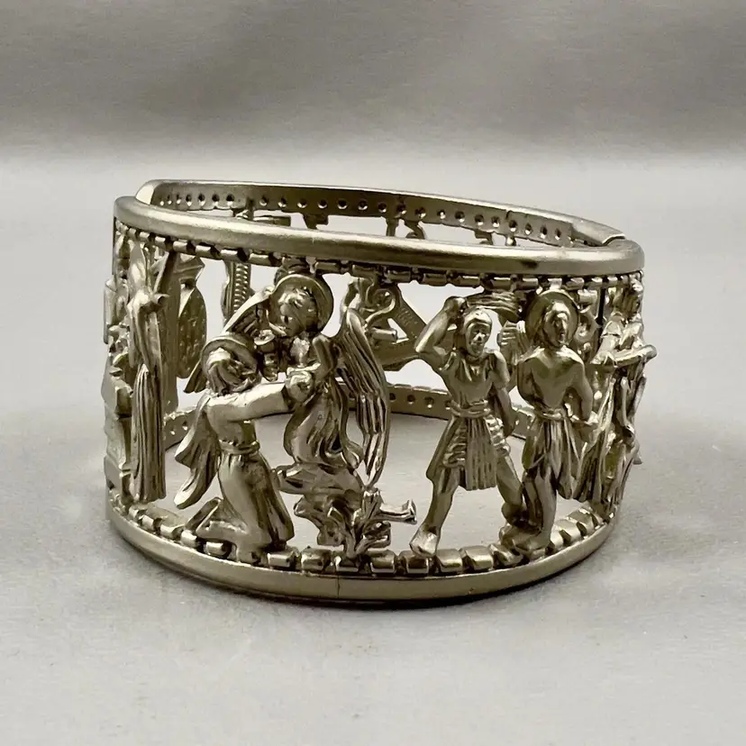 Vintage Stations Of The Cross Hinged Cuff Bracelet Catholic Silver Tone