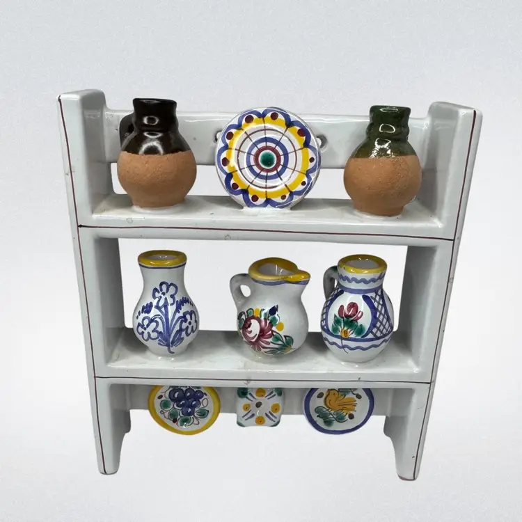 Miniature Folk Art Pottery Shadow Box Pottery Jugs and Pitchers - Signed