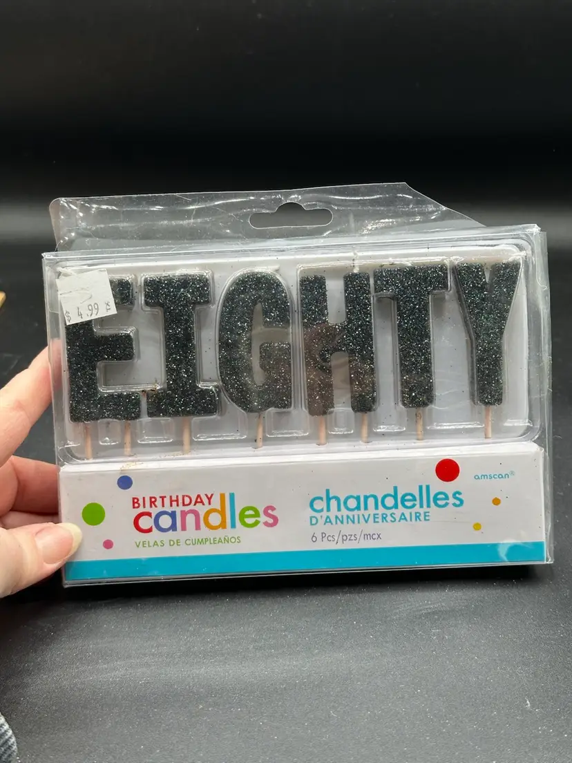 80th "E-I-G-H-T-Y" Black Glitter Birthday Candles Cake Decoration Party Supply