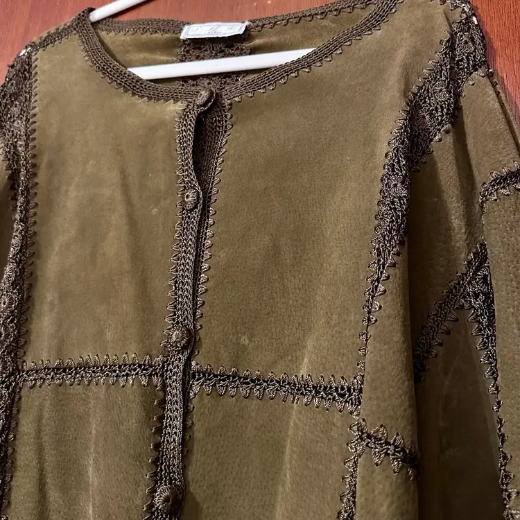 Vintage S.M.H Woman Olive Green Patchwork Leather Crochet  Jacket Grannycore Boho Hippie Concert