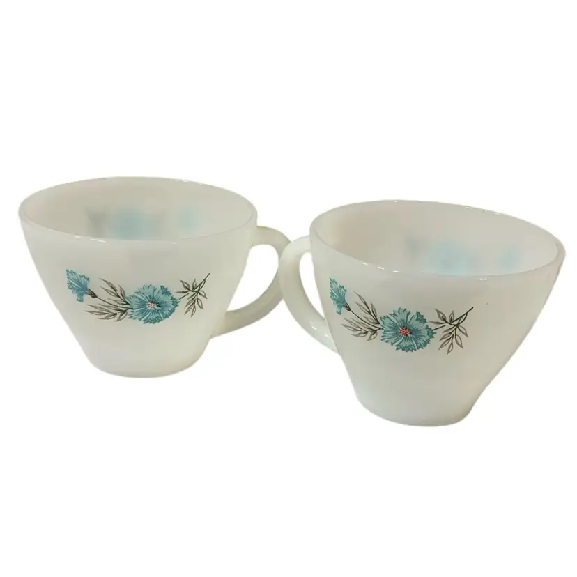 1 Gorgeous Vintage Fire King Blue Flower Milk Glass White Cups Set of 2
