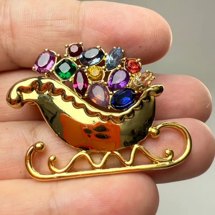 Vintage Christmas Sleigh Pin Brooch Jewel Filled Multi Color Gold Tone