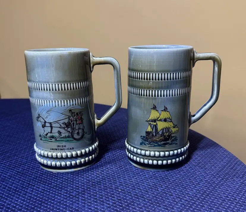 Wade Irish Porcelain Ship and Jaunting Car Coffee/Beer Mugs 6.5” tall