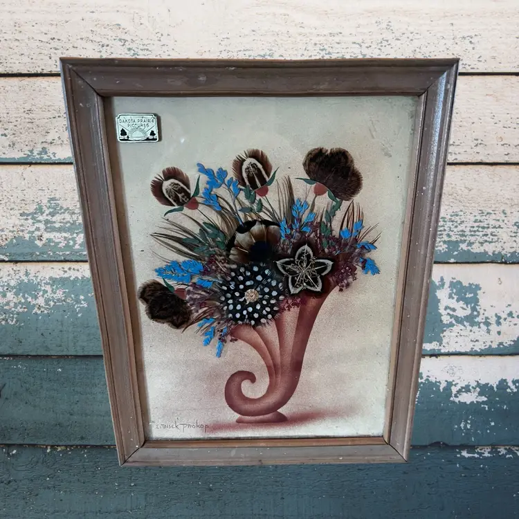 Vintage Dakota Prairie feather art picture signed original 7 x 9 Light Academia Wall Decor