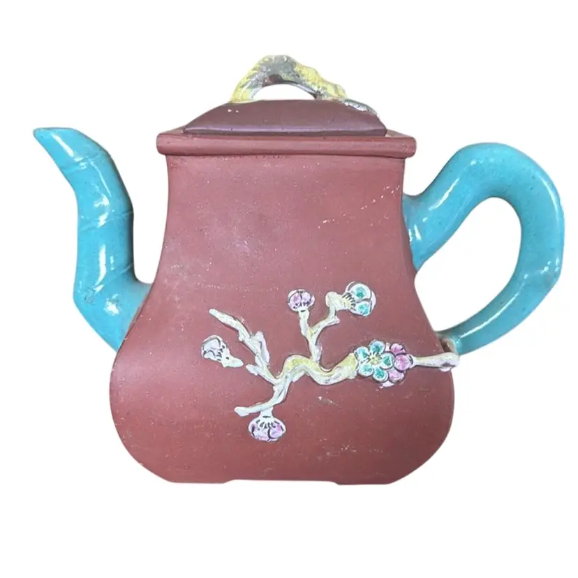 Old Chinese Clay Teapot w/ Teal Enameled Bamboo Spout & Handle (7.75")