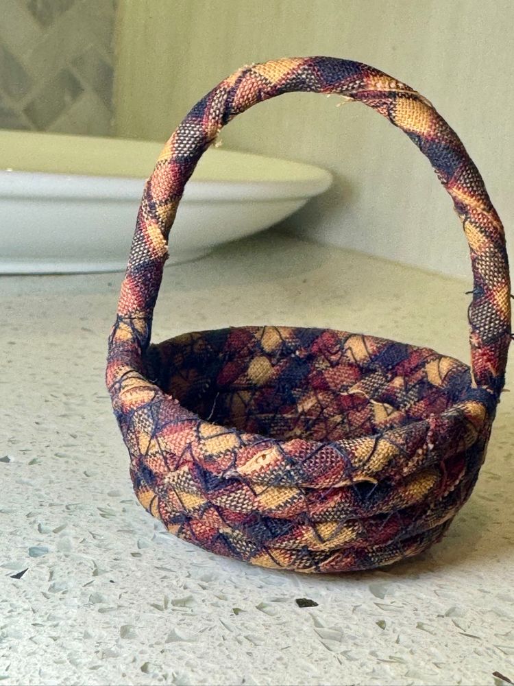 Mini Vintage Hand Made Multicolor Coiled Fabric Mini Basket with Handle 3" inch tall