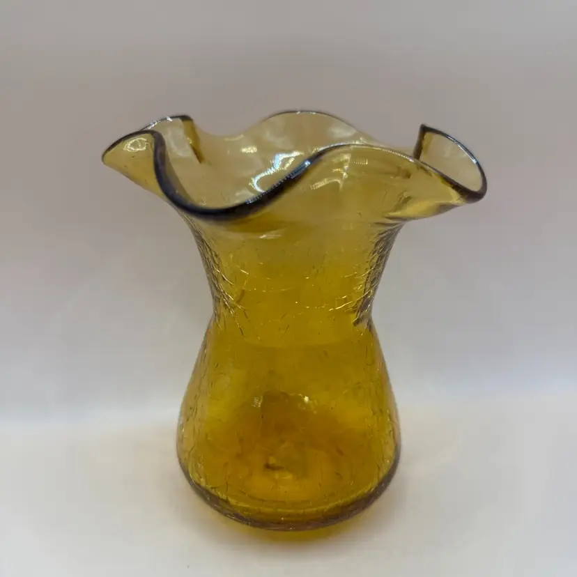 Honey Amber Fluted Ruffled Crackle Glass Vase 5”
