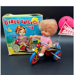 Mechanical Girls Tricycle With Revolving Bell Wind Up Tin Toy Original Box VTG