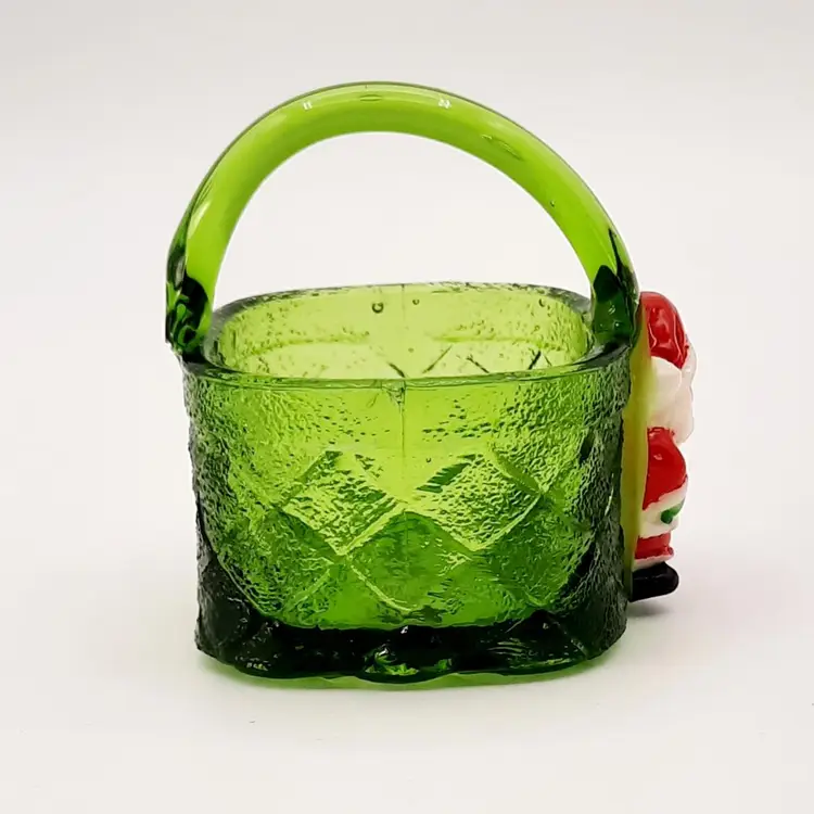 Vintage Enesco Mini Green Glass Basket with Applied Santa Claus