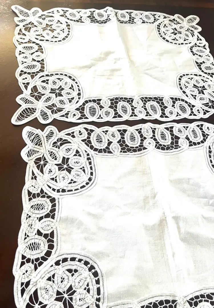 2 Battenberg Lace Placemats/Doily, White Cutwork and Lace, Vintage 16 by 20 inches, Open Work Table Decor