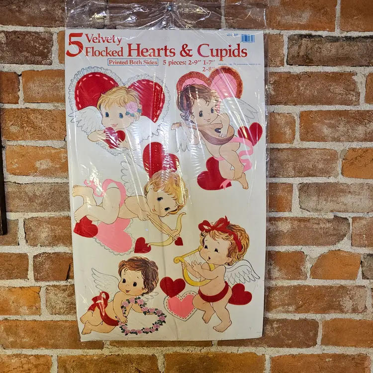 Vintage 1982 NOS Valentine Flocked Hearts & Cupids Classroom Die Cuts Peck Industries