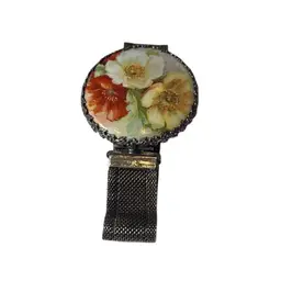 Silvertone Mesh With Sterling Intricately Carved Clasp & Flower Casting, Handpainted Porcelain Poppy Floral Cameo Bracelet - 7”