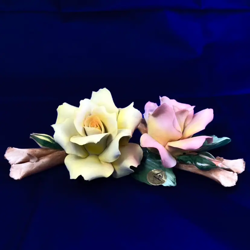 Hand Painted Capodimonte Pink Yellow Roses Flower Buds Porcelain Italy Savastano