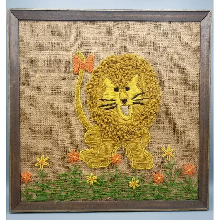 1970's Lion Framed Crewel