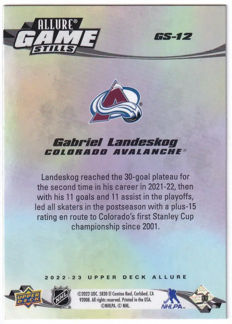 2022-23 Upper Deck Allure Game Stills #GS12 Gabriel Landeskog Colorado Avalanche Hockey Card