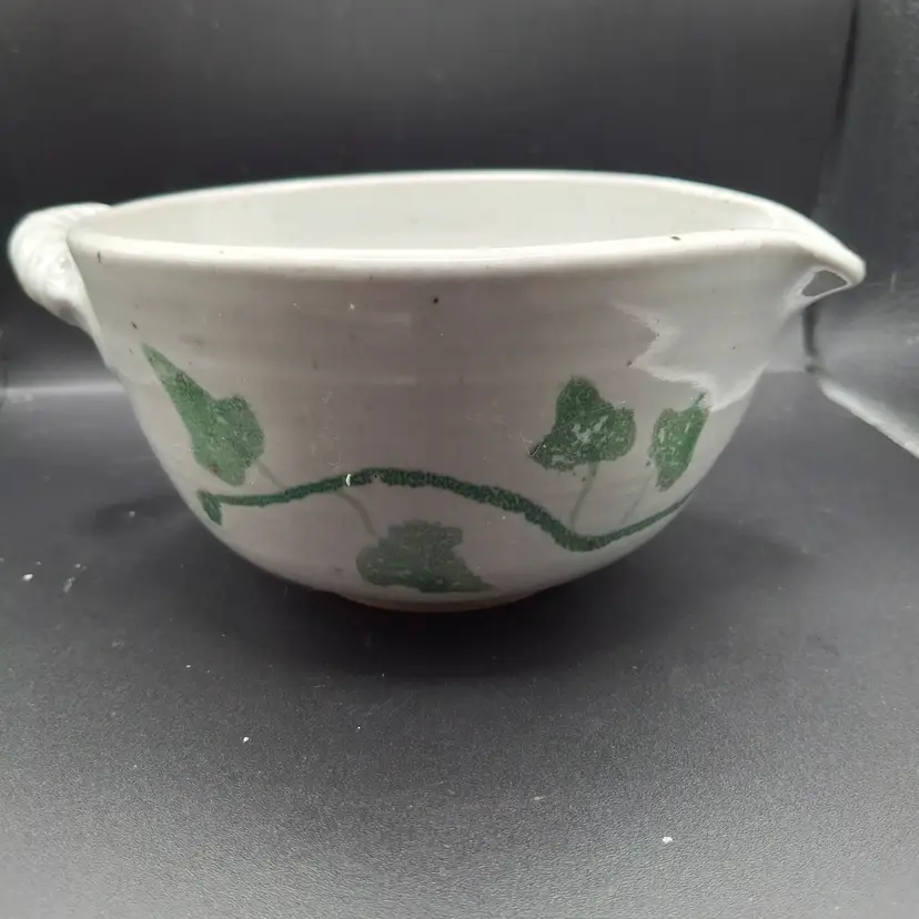 Handcrafted Signed Studio Pottery Bowl Spout Handle - Green Ivy Design
