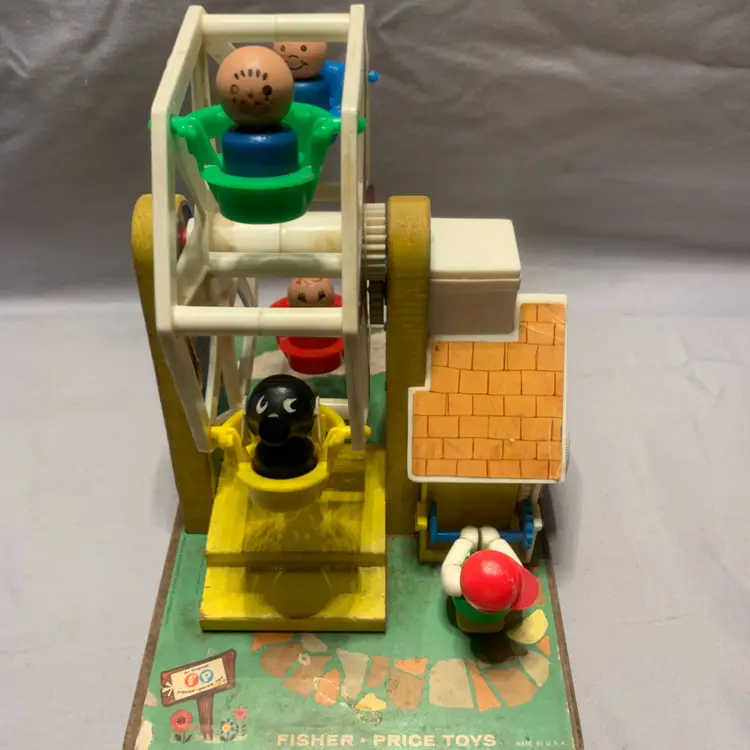 VTG Fisher Price Little People 1966 Ferris Wheel w/ 3 Wooden People + Dog  Works
