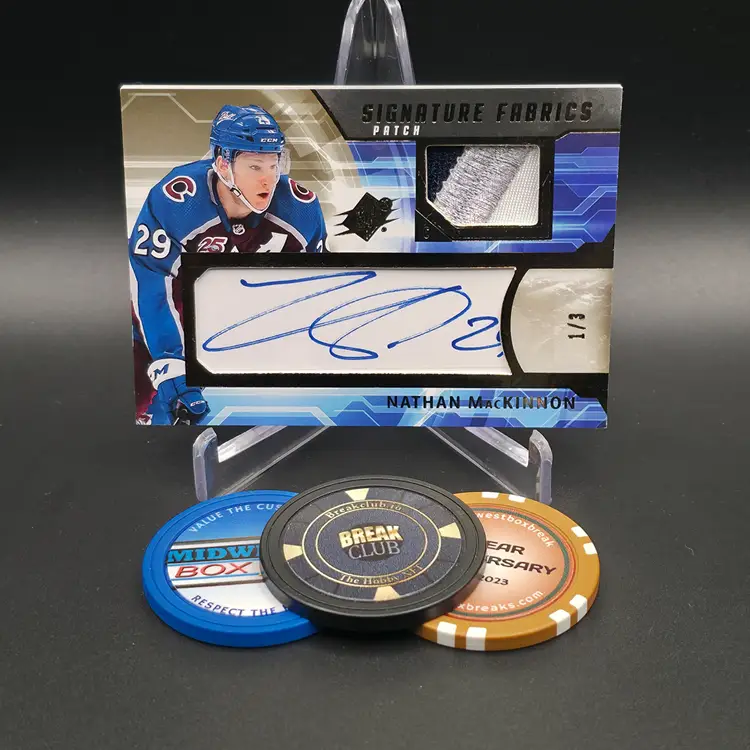 Nathan MacKinnon Patch Auto 2021-22 Upper Deck SPx Hockey Signature Fabrics Patch Insert Numbered 1/3 Card #SF-NM - Colorado Avalanche