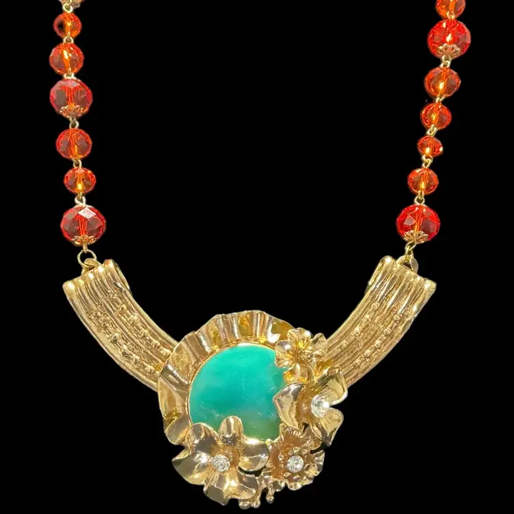 VINTAGE UPCYCLED STATEMENT NECKLACE – Orange Faceted Glass Beads & Teal Enamel Floral Pendant