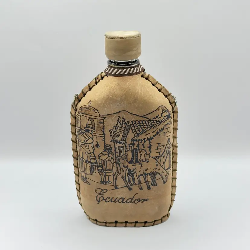 Vintage Mexican Ecuador Leather Wrapped Bottle, Barware Handcrafted Folk Art Decor, Unbranded, Made in Mexico
