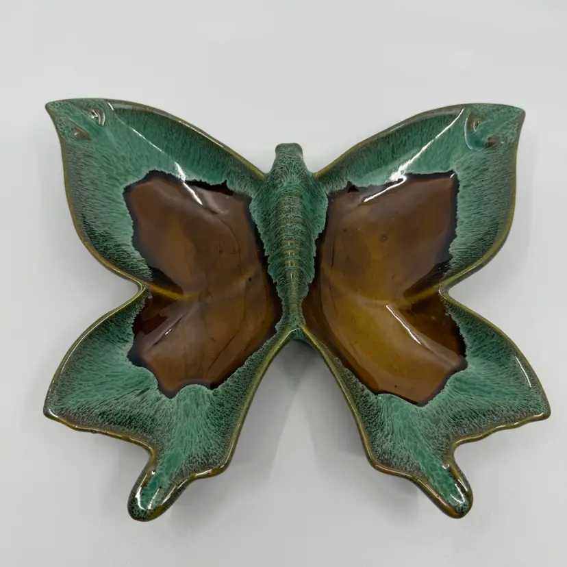 Vintage MCM Brown & Green Van Briggle Pottery Butterfly Ashtray Colorado USA