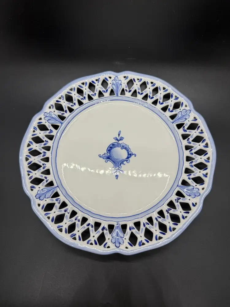 Vintage Rorstrand Sweden Reticulated Plate Blue White Porcelain Fruit Motif 8.5"