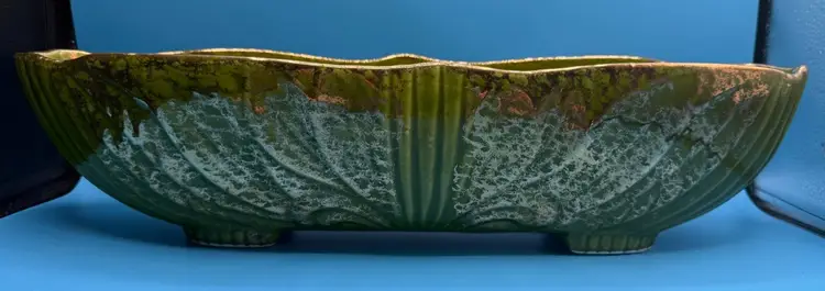 Maurice Of California USA Pottery J-50-B, Mid-Century Modern 1950's-60's Avocado Green & Gold Oblong Bowl, Planter, Console Centerpiece