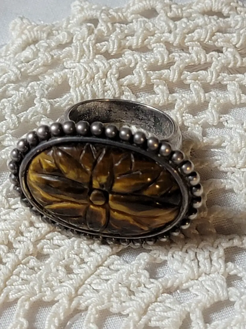 Gorgeous carved tiger eye and silver ring