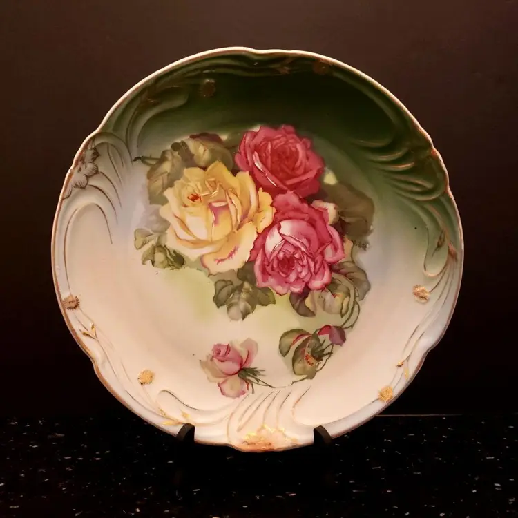 Bavaria Round Platter Porcelain Plate Pink Yellow Roses Green Gold Vintage Flowers Florals