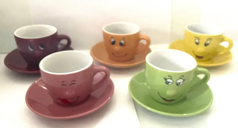 Lot Of 5 Espresso Cups & Saucers. Silly Faces. Colorful. Hot Coco For The Kiddos!