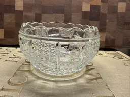 Clear Cut Glass Bowl with Coin Dot and Starburst Pattern Scalloped Edge