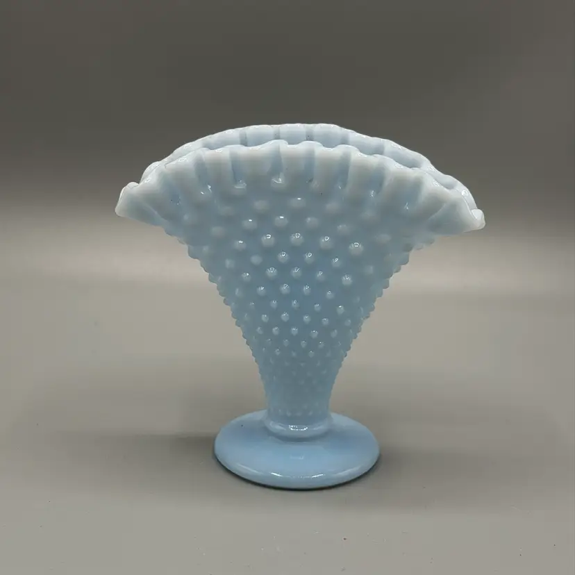 Fenton Blue Pastel Milk Glass 4” Hobnail Fan Vase