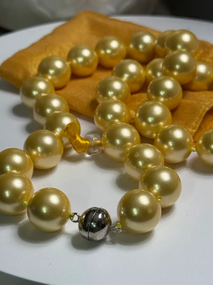 Gold Champagne Faux Pearl Necklace – Large Bead Strand with Silver Magnetic Clasp
