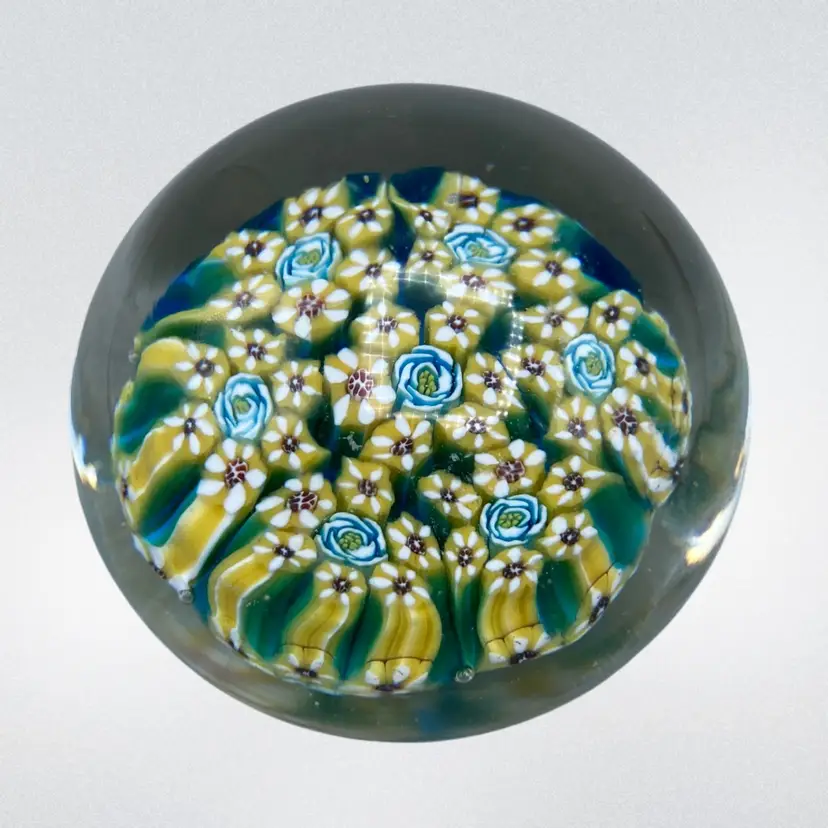 Art Glass Millefiori Paperweight Yellow Blue Clear Colorful Not Signed