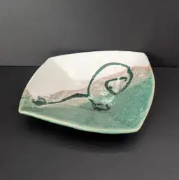 Handmade Asymmetrical Studio Art Pottery Dish Green Abstract Design Artist Stamp