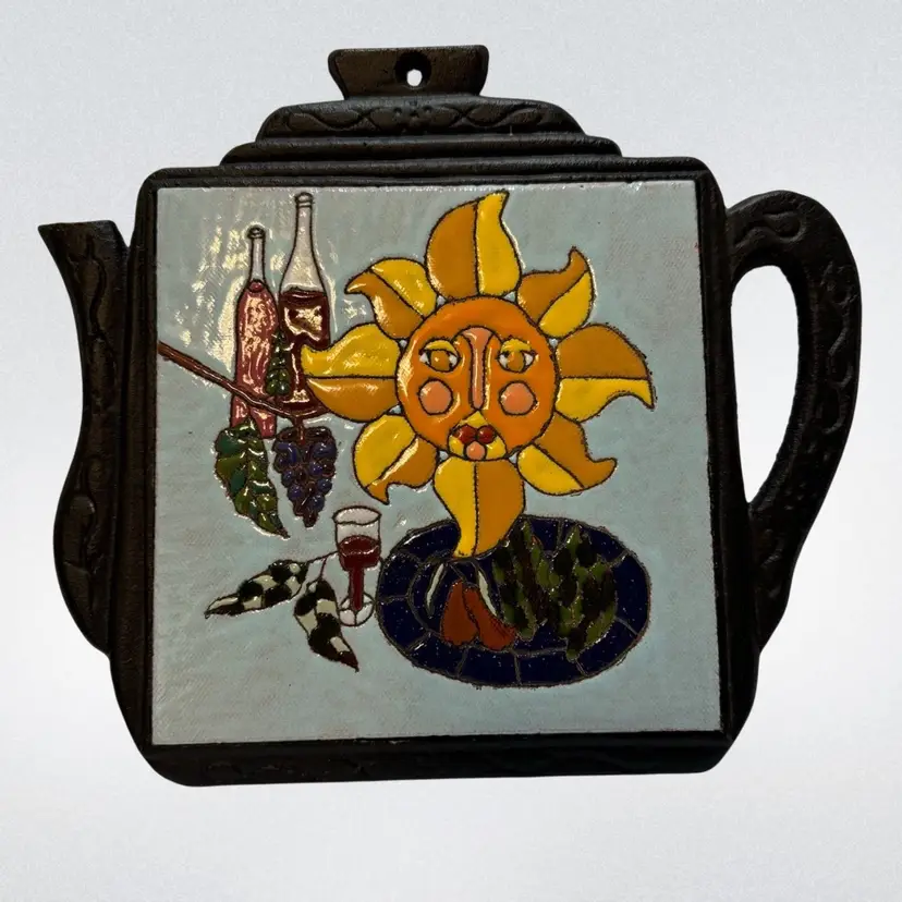 Vintage Cast Iron Footed Tea Pot Shape Tile Trivet Sun Wine Grapes & Fruit 9 5/8” Wide