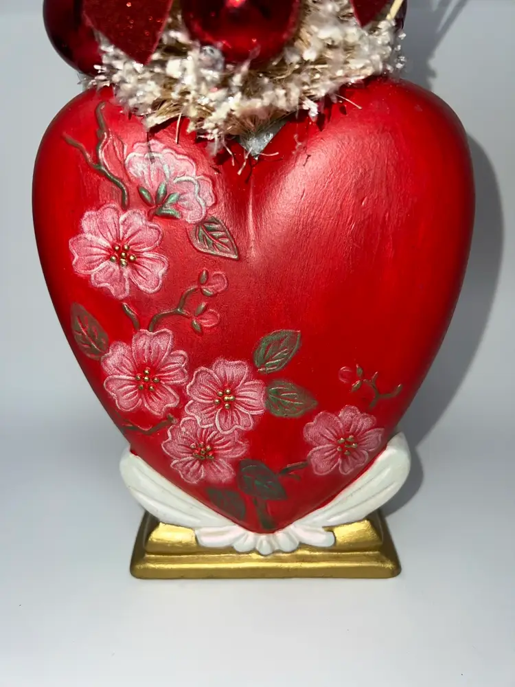One Of A Kind Vintage Valentine’s Day Assemblage Ceramic Heart Vase Japan/ Bottle Brush Tree Hearts/ Victorian Card/ Heart Locket 14” H